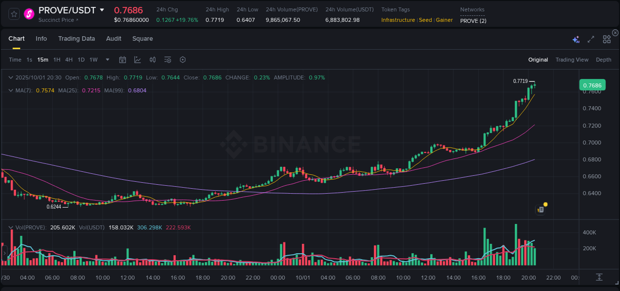 Study volume dynamics: PROVE pump acceleration on Binance, 01 October 2025, 20:38 Volume profile analysis: PROVE pump acceleration on Binance, 01 October 2025, 20:38