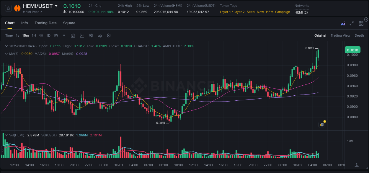 Real-time report of HEMI pump on Binance, 02 October 2025, 04:57 Real-time report of HEMI pump on Binance, 02 October 2025, 04:57