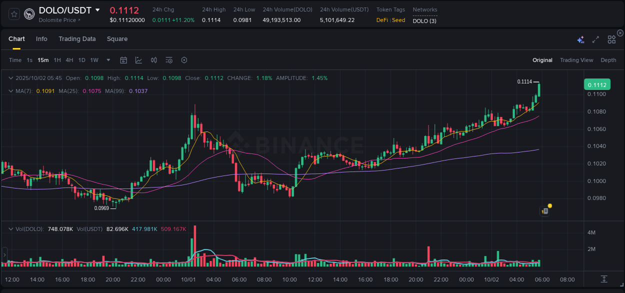 View the trading report for DOLO pump on Binance, 02 October 2025, 05:59 Binance trading data for DOLO pump, 02 October 2025, 05:59