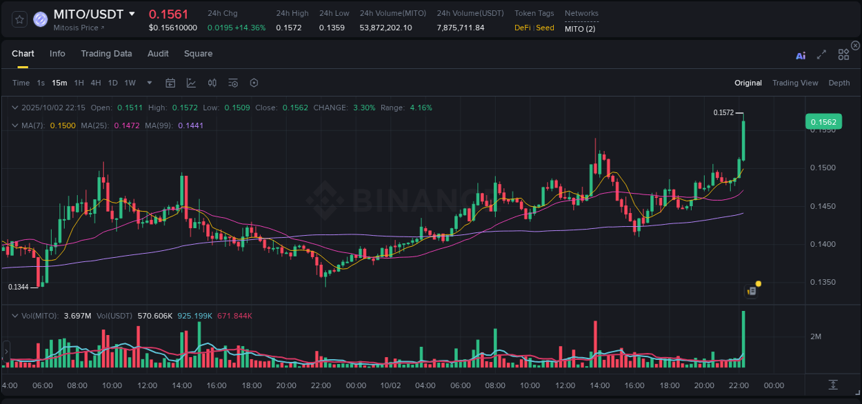 Gain insights into MITO's pump activity on Binance, 02 October 2025, 22:29 Detailed analysis of MITO's price surge on Binance, 02 October 2025, 22:29