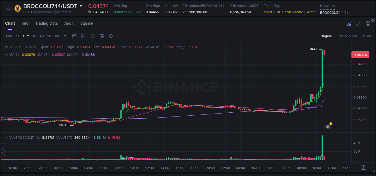Learn about the BROCCOLI714 price movement analysis from Binance, 07 October 2025, 11:00 BROCCOLI714 trading report showing pump trends on Binance, 07 October 2025, 11:00