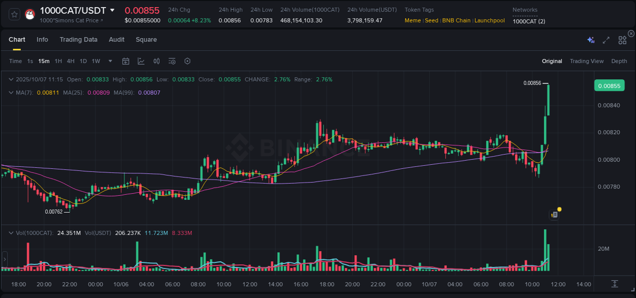 View the trading report for 1000CAT pump on Binance, 07 October 2025, 11:21 Binance trading data for 1000CAT pump, 07 October 2025, 11:21