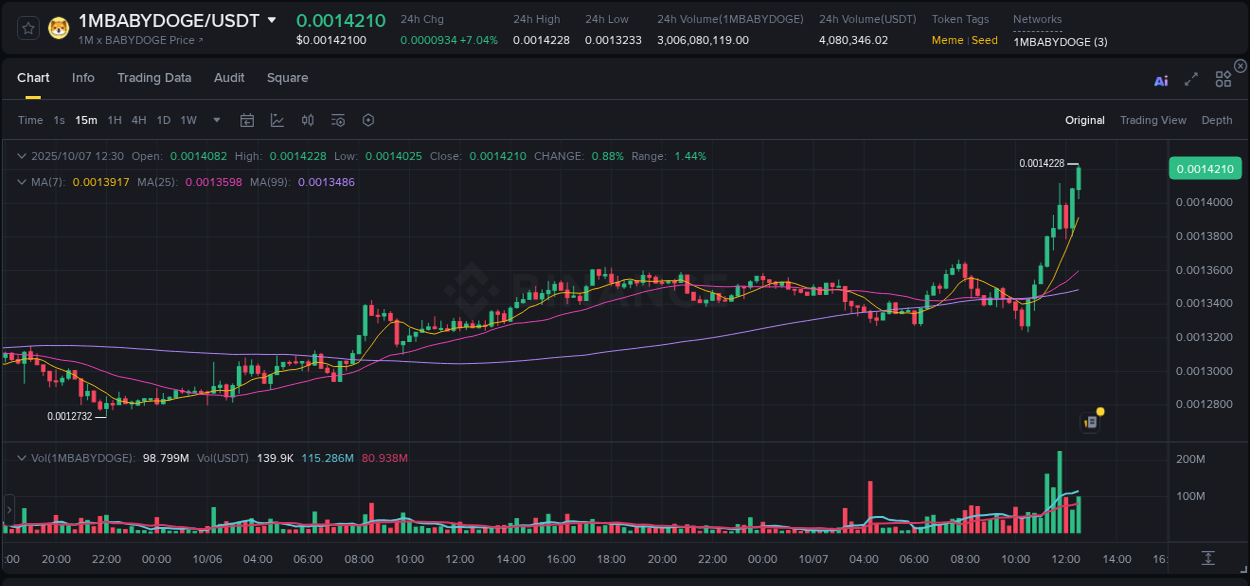 Analyze the crypto trading report for 1MBABYDOGE pump on Binance, 07 October 2025, 12:41 Crypto trading analysis: 1MBABYDOGE pump on Binance, 07 October 2025, 12:41