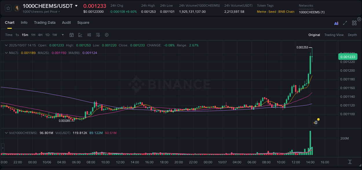 Access trading analytics for 1000CHEEMS pump report from Binance, 07 October 2025, 14:21 Trading analytics: 1000CHEEMS pump report from Binance, 07 October 2025, 14:21
