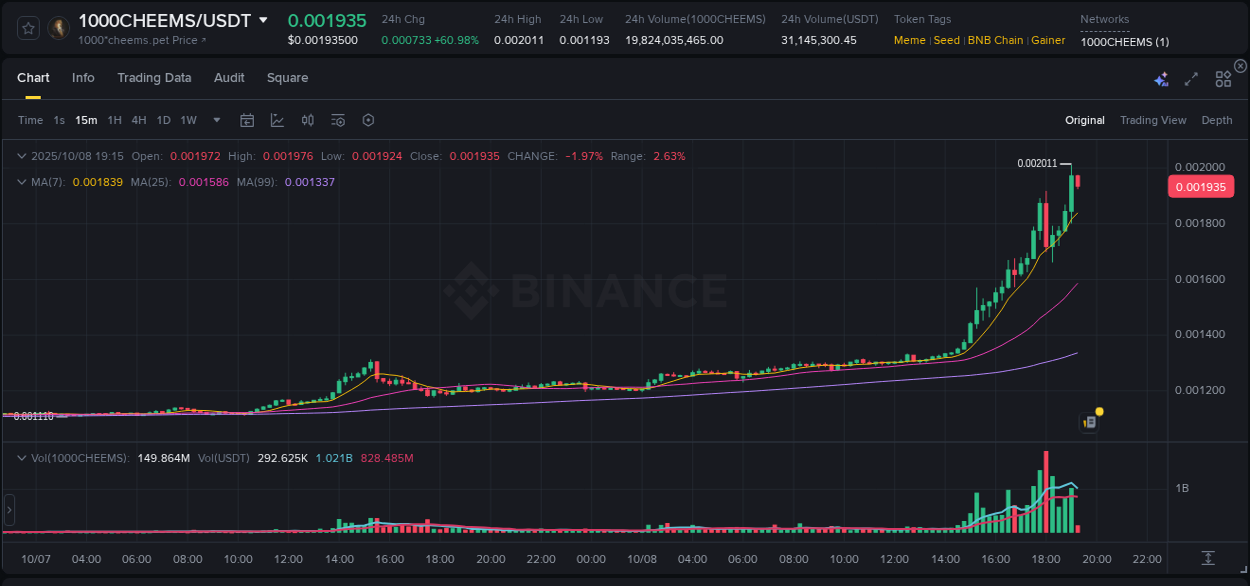 Watch the live report of 1000CHEEMS pump on Binance, 08 October 2025, 19:15 Live report of 1000CHEEMS pump on Binance, 08 October 2025, 19:15