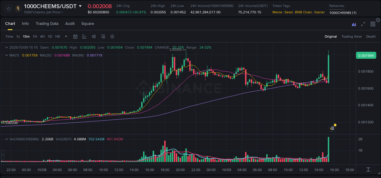View the trading report for 1000CHEEMS pump on Binance, 09 October 2025, 15:24 Binance trading data for 1000CHEEMS pump, 09 October 2025, 15:24