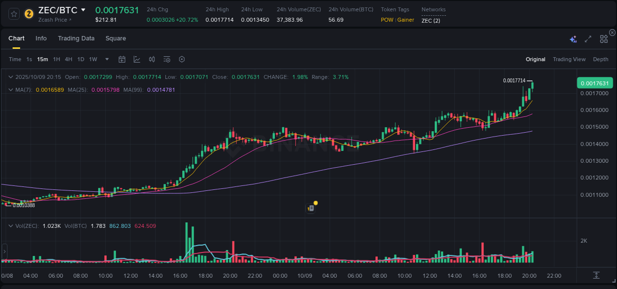 Binance pump data for ZEC at 09 October 2025, 20:28 Binance pump data for ZEC at 09 October 2025, 20:28