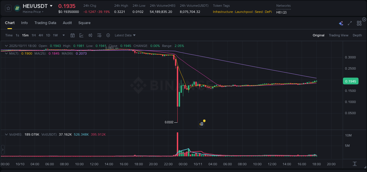 Analyze the crypto trading report for HEI pump on Binance, 11 October 2025, 18:02 Crypto trading analysis: HEI pump on Binance, 11 October 2025, 18:02