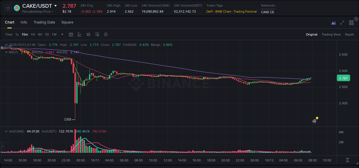 Gain insights into CAKE's pump activity on Binance, 12 October 2025, 07:51 Detailed analysis of CAKE's price surge on Binance, 12 October 2025, 07:51