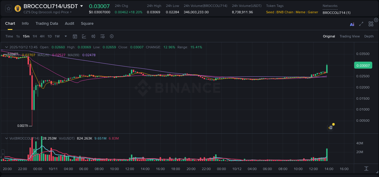 Examine technical patterns: BROCCOLI714 bullish explosion on Binance, 12 October 2025, 13:56 Technical breakdown: BROCCOLI714 bullish breakout on Binance, 12 October 2025, 13:56
