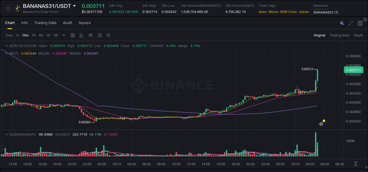 Detailed insights into BANANAS31's pump on Binance at 13 October 2025, 05:07 Detailed report of BANANAS31's pump on Binance at 13 October 2025, 05:07