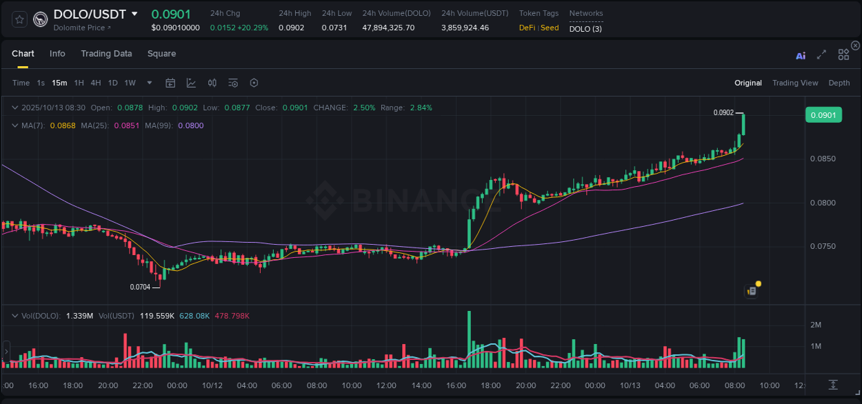 Get trading insights from DOLO pump report on Binance, 13 October 2025, 08:44 Trading data insight: DOLO pump report from Binance, 13 October 2025, 08:44