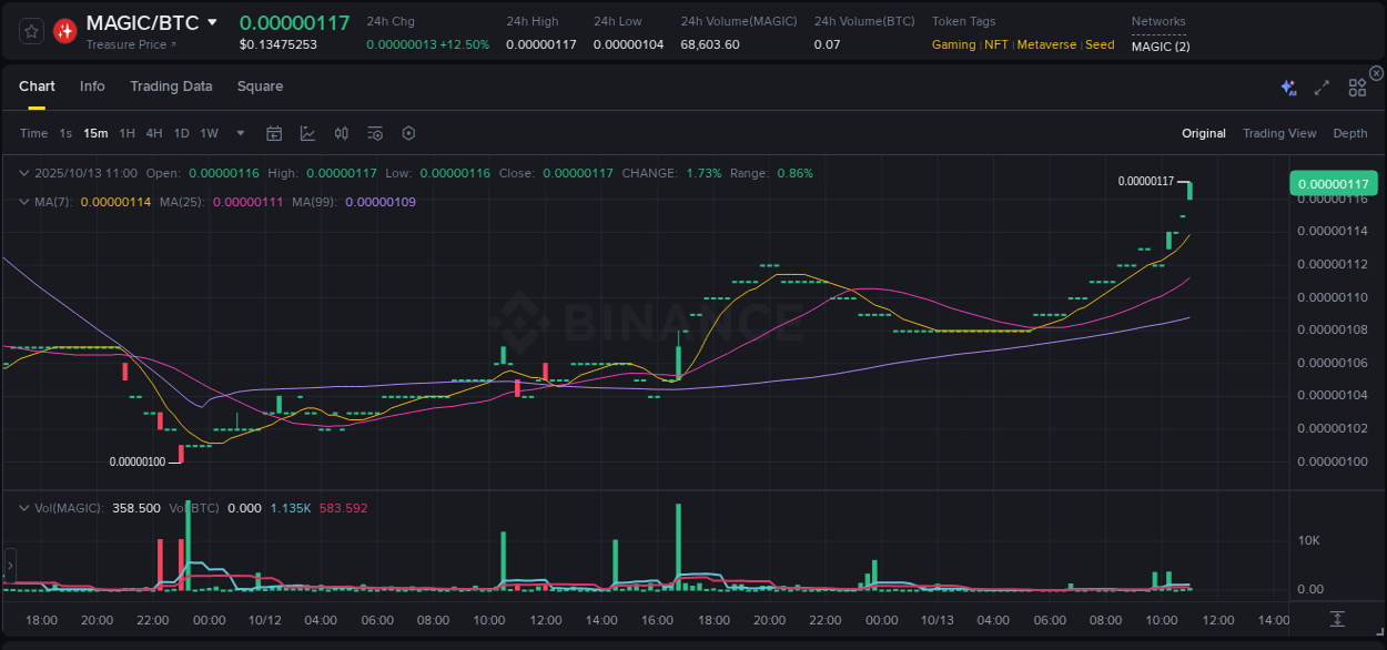 Learn about the MAGIC price movement analysis from Binance, 13 October 2025, 11:07 MAGIC trading report showing pump trends on Binance, 13 October 2025, 11:07