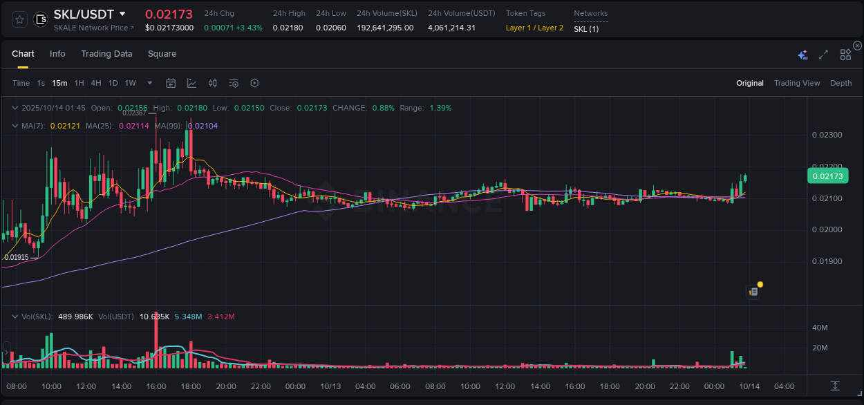 Crypto pump report: SKL on Binance, 14 October 2025, 01:44