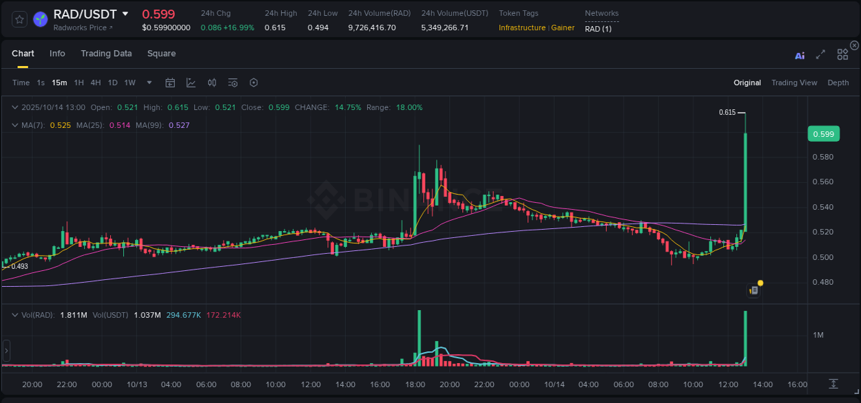 RAD trading report showing pump trends on Binance, 14 October 2025, 13:10