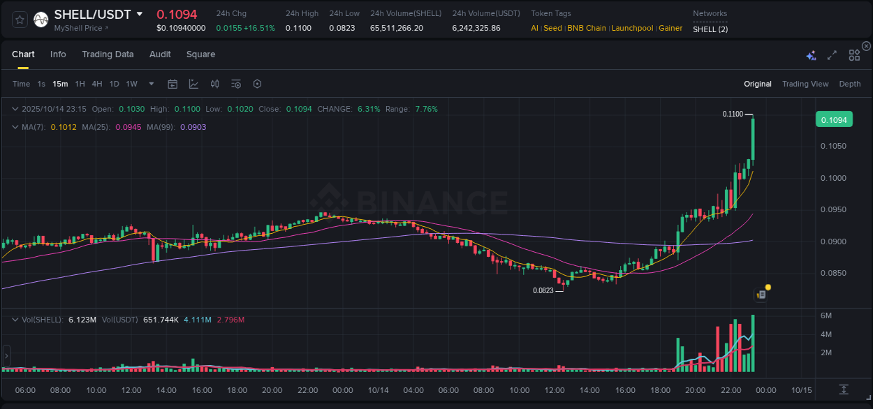 Market trend analysis: SHELL pump on Binance at 14 October 2025, 23:28
