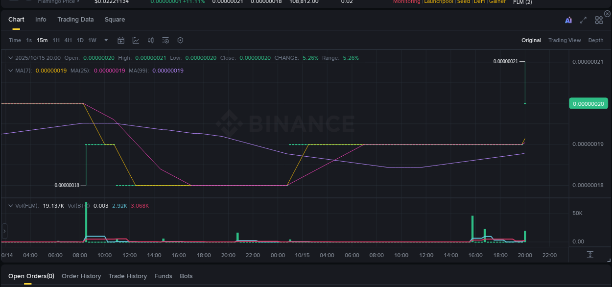 Binance pump overview for FLM, captured at 15 October 2025, 20:10