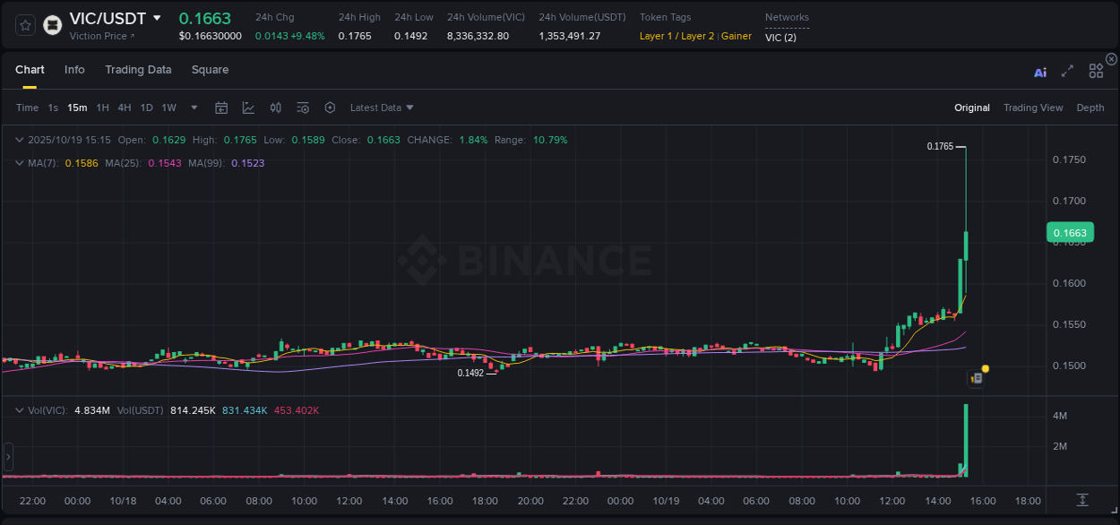 Detailed analysis of VIC's price surge on Binance, 19 October 2025, 15:22