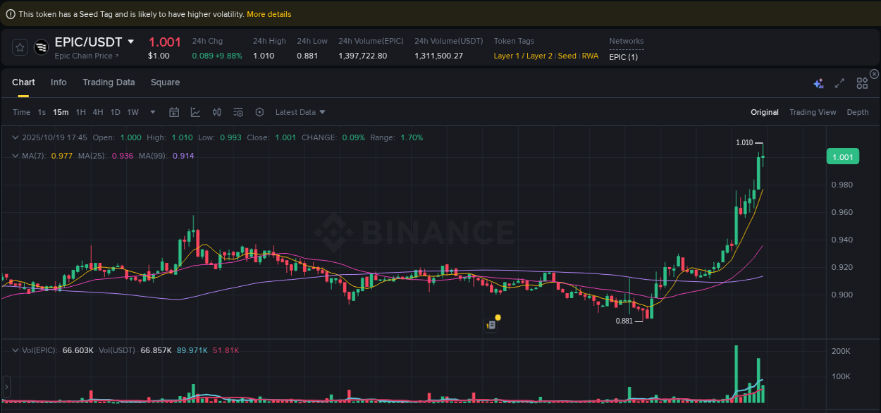 Crypto pump data analytics for EPIC on Binance, 19 October 2025, 17:46