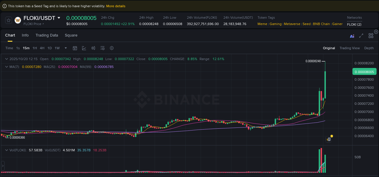 Market dynamics report: FLOKI on Binance at 20 October 2025, 12:16