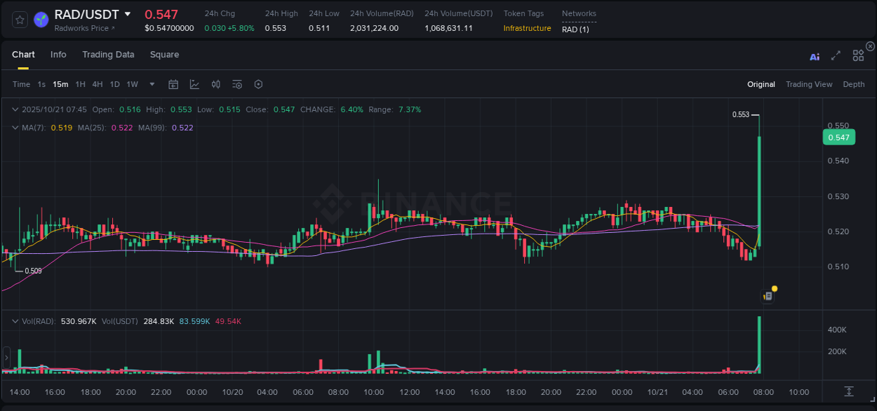 Binance pump data for RAD at 21 October 2025, 07:47