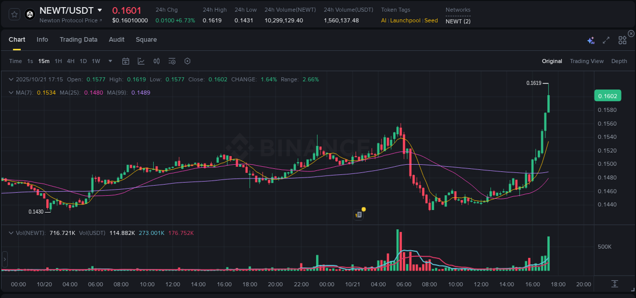 Binance exchange trading report for NEWT, 21 October 2025, 17:19