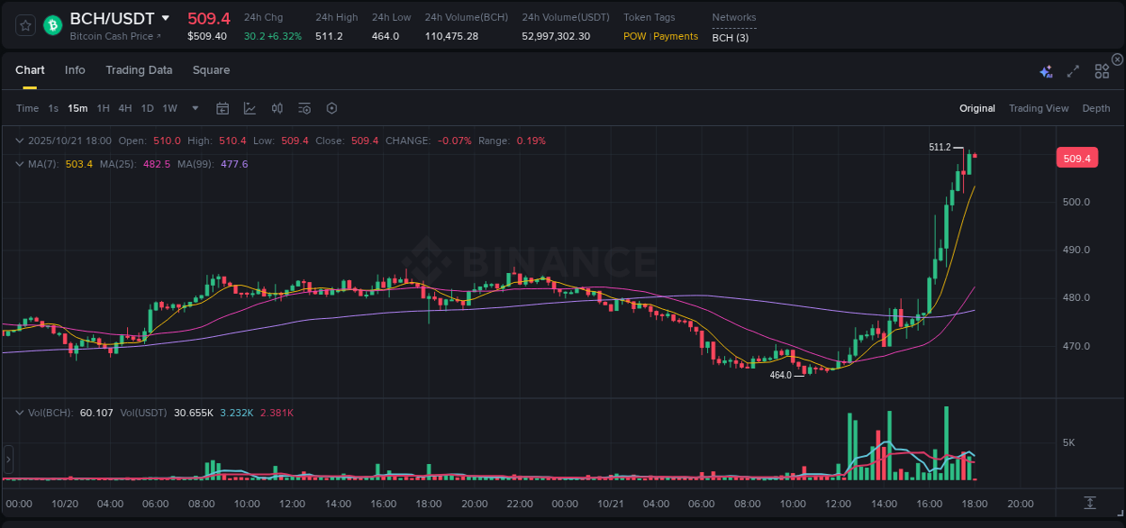 Binance trading insights for BCH pump, 21 October 2025, 17:59