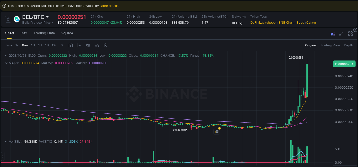 Detailed report of BEL's pump on Binance at 23 October 2025, 15:06