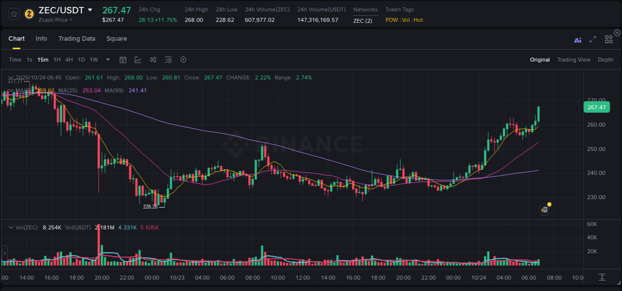 Binance pump data for ZEC at 24 October 2025, 06:53 Binance pump data for ZEC at 24 October 2025, 06:53