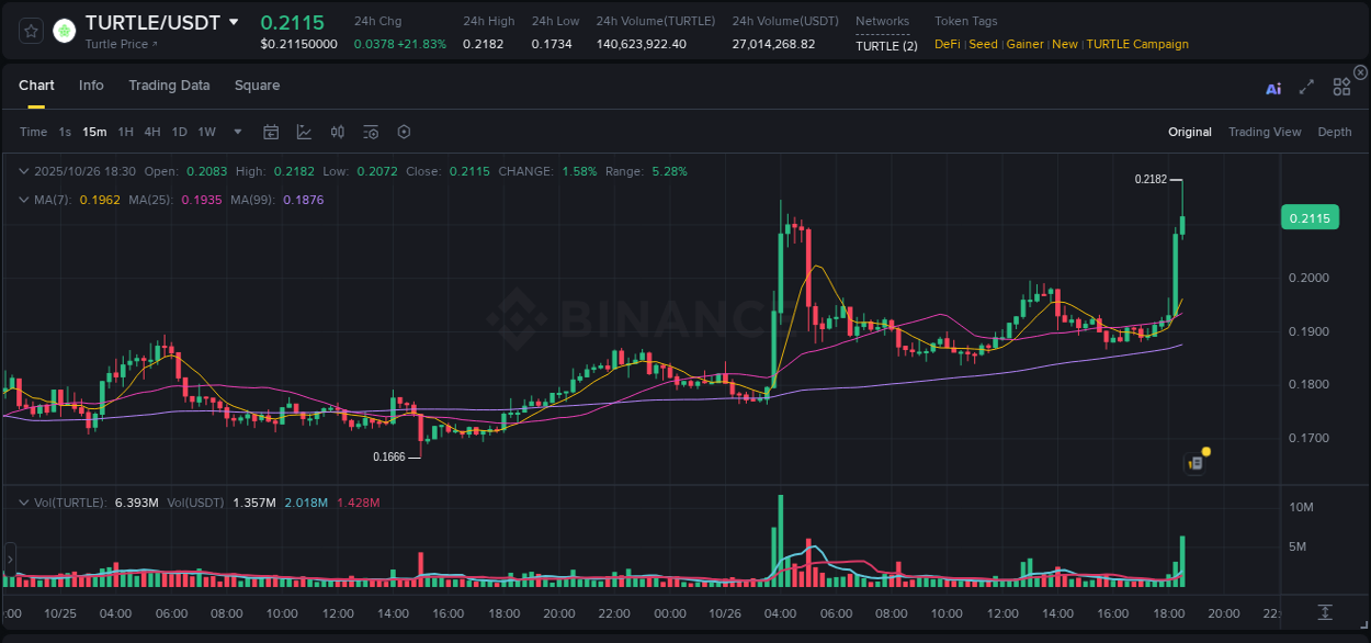 View the exchange pump report for TURTLE on Binance, 26 October 2025, 18:37 Binance exchange trading report for TURTLE, 26 October 2025, 18:37