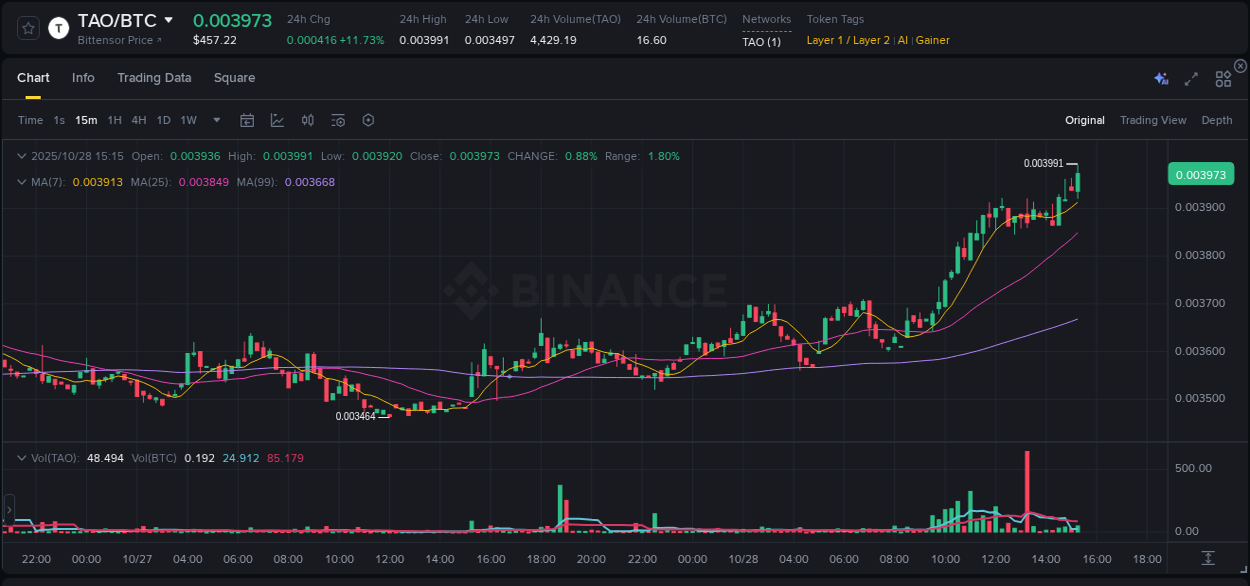 Binance pump data for TAO at 28 October 2025, 15:27