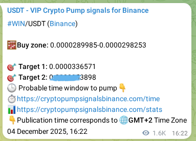 Binance trading signal proof for WIN pump, 06 December 2025, 12:04