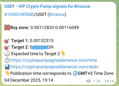 Binance pump signal data for 1000CHEEMS at 06 December 2025, 17:20