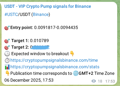 Crypto trading signal proof: USTC pump on Binance, 06 December 2025, 18:05