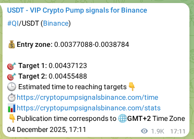 Authenticated proof of QI's pump signal on Binance, 06 December 2025, 22:21