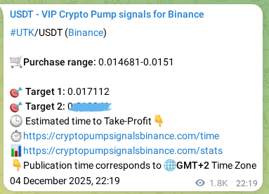 Crypto pump signal confirmation: UTK on Binance, 06 December 2025, 22:36