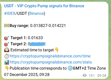 Binance trading signal proof for IDEX pump, 07 December 2025, 14:28