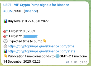 Crypto pump signal proof: SOMI on Binance, 15 December 2025, 10:15