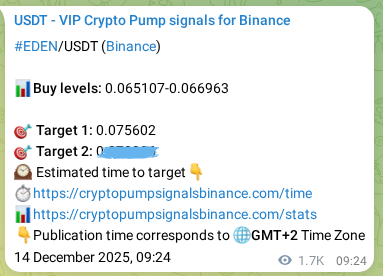 Authenticated proof of EDEN's pump signal on Binance at 16 December 2025, 07:20