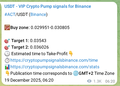 Crypto pump signal proof: ACT on Binance, 20 December 2025, 18:53