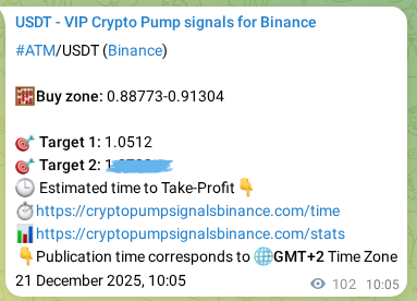 Binance trading signal proof for ATM pump, 21 December 2025, 12:46