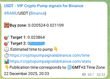 Real-time proof of RARE pump signal on Binance, 23 December 2025, 20:38