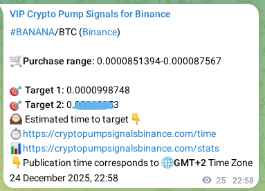 Binance pump signal proof for BANANA on 24 December 2025, 23:23