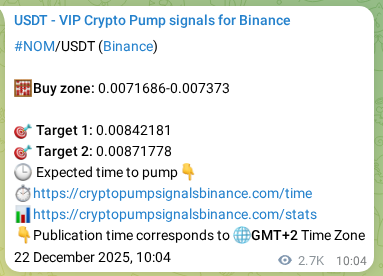 Crypto signal proof: NOM pump on Binance, 25 December 2025, 14:05