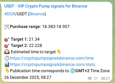 Binance trading signal proof for DCR pump, 26 December 2025, 09:01