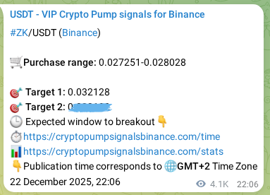 Crypto trading signal proof: ZK pump on Binance, 27 December 2025, 17:02