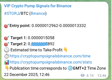 Trading signal proof: STORJ pump from Binance, 27 December 2025, 23:18