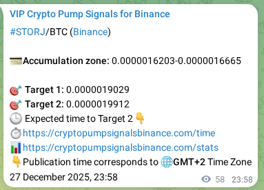 Binance pump signal proof for STORJ on 28 December 2025, 01:07