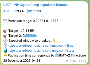 Trading signal proof: SAPIEN pump from Binance, 31 December 2025, 13:17