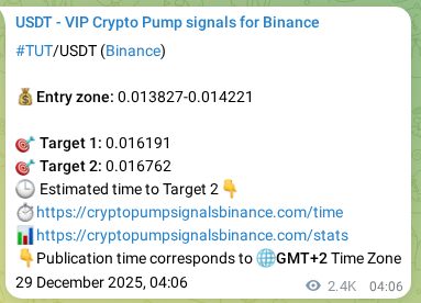Crypto signal proof: TUT pump on Binance, 31 December 2025, 21:37